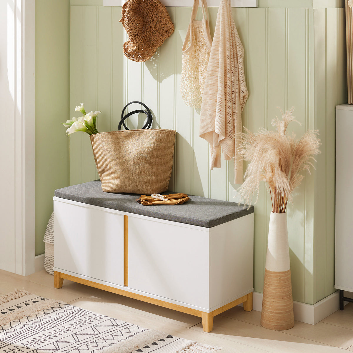 SoBuy FSR117-W Shoe Storage Bench Shoe Rack with Seat Cushion - Large Capacity Cabinet with Adjustable Shelves and 150kg Load - Entryway Hallway Wooden Storage Unit, White W90 x D34 x H47cm