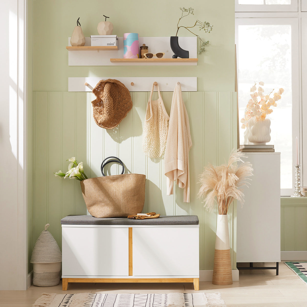 SoBuy FSR117-W Shoe Storage Bench Shoe Rack with Seat Cushion - Large Capacity Cabinet with Adjustable Shelves and 150kg Load - Entryway Hallway Wooden Storage Unit, White W90 x D34 x H47cm