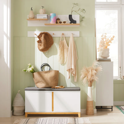 SoBuy FSR117-W Shoe Storage Bench Shoe Rack with Seat Cushion - Large Capacity Cabinet with Adjustable Shelves and 150kg Load - Entryway Hallway Wooden Storage Unit, White W90 x D34 x H47cm