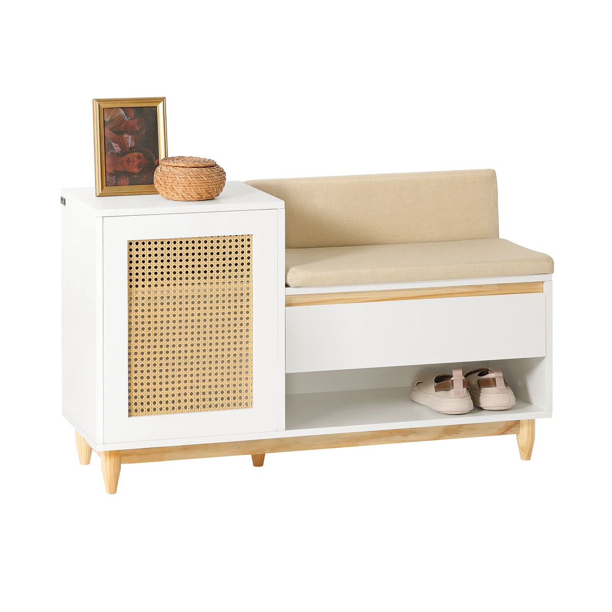 SoBuy FSR128-W Shoe Storage Bench Shoe Rack with Cushion – Large Capacity Entryway Cabinet with Adjustable Shelves & Rattan Door – Ideal for Hallway & Bedroom – White 100×35×60cm