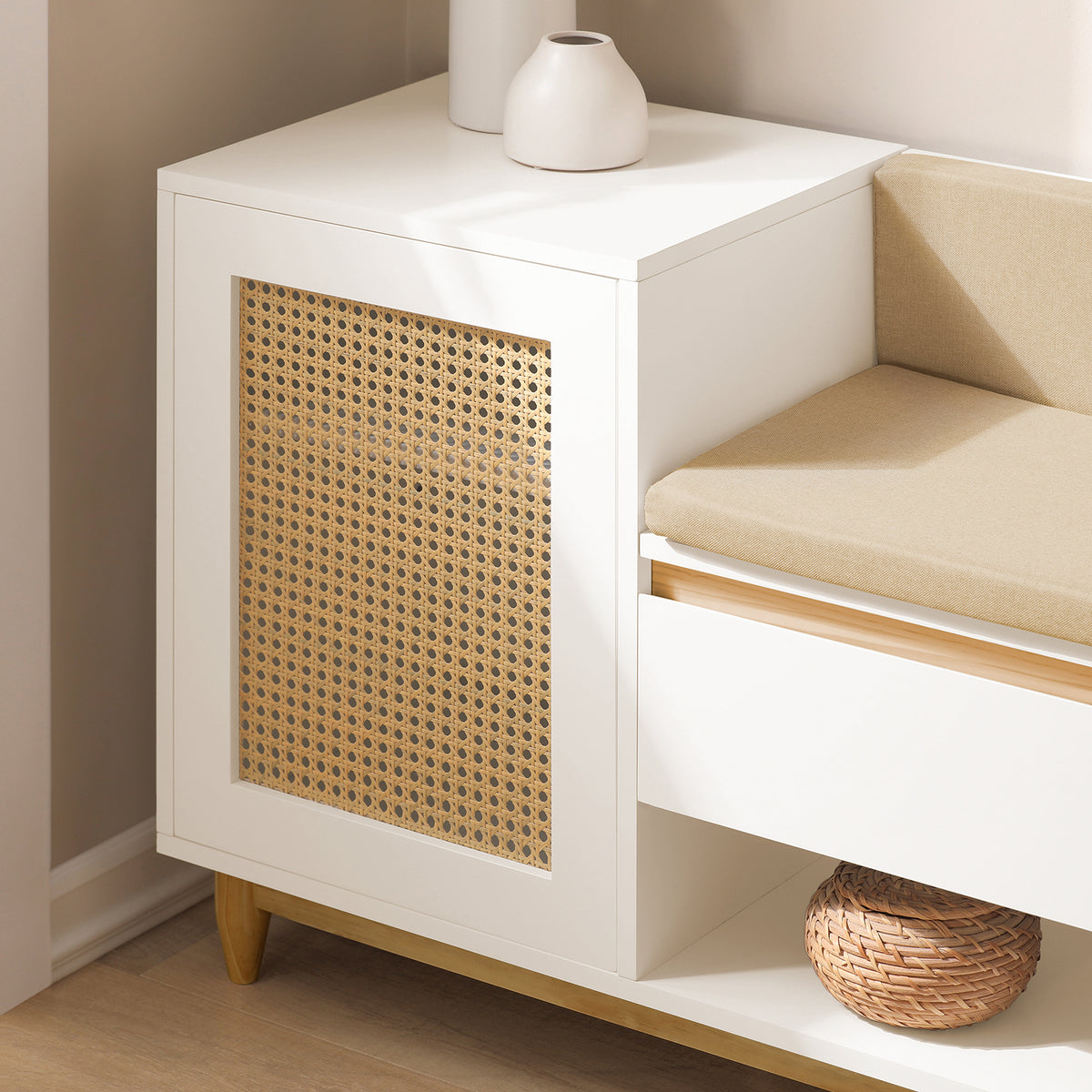 SoBuy FSR128-W Shoe Storage Bench Shoe Rack with Cushion – Large Capacity Entryway Cabinet with Adjustable Shelves & Rattan Door – Ideal for Hallway & Bedroom – White 100×35×60cm