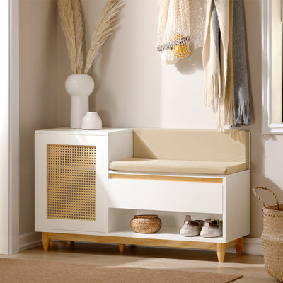 SoBuy FSR128-W Shoe Storage Bench Shoe Rack with Cushion – Large Capacity Entryway Cabinet with Adjustable Shelves & Rattan Door – Ideal for Hallway & Bedroom – White 100×35×60cm