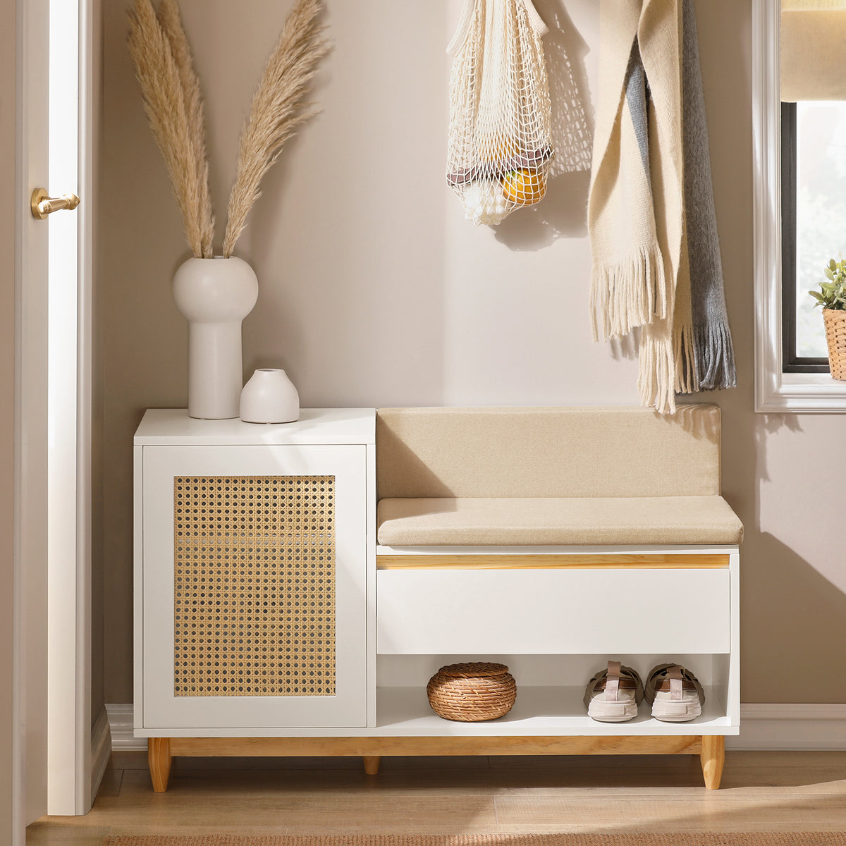SoBuy FSR128-W Shoe Storage Bench Shoe Rack with Cushion – Large Capacity Entryway Cabinet with Adjustable Shelves & Rattan Door – Ideal for Hallway & Bedroom – White 100×35×60cm