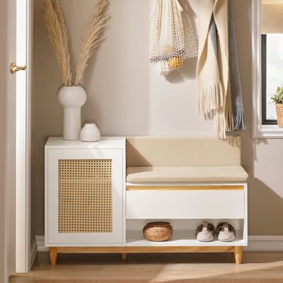 SoBuy FSR128-W Shoe Storage Bench Shoe Rack with Cushion – Large Capacity Entryway Cabinet with Adjustable Shelves & Rattan Door – Ideal for Hallway & Bedroom – White 100×35×60cm