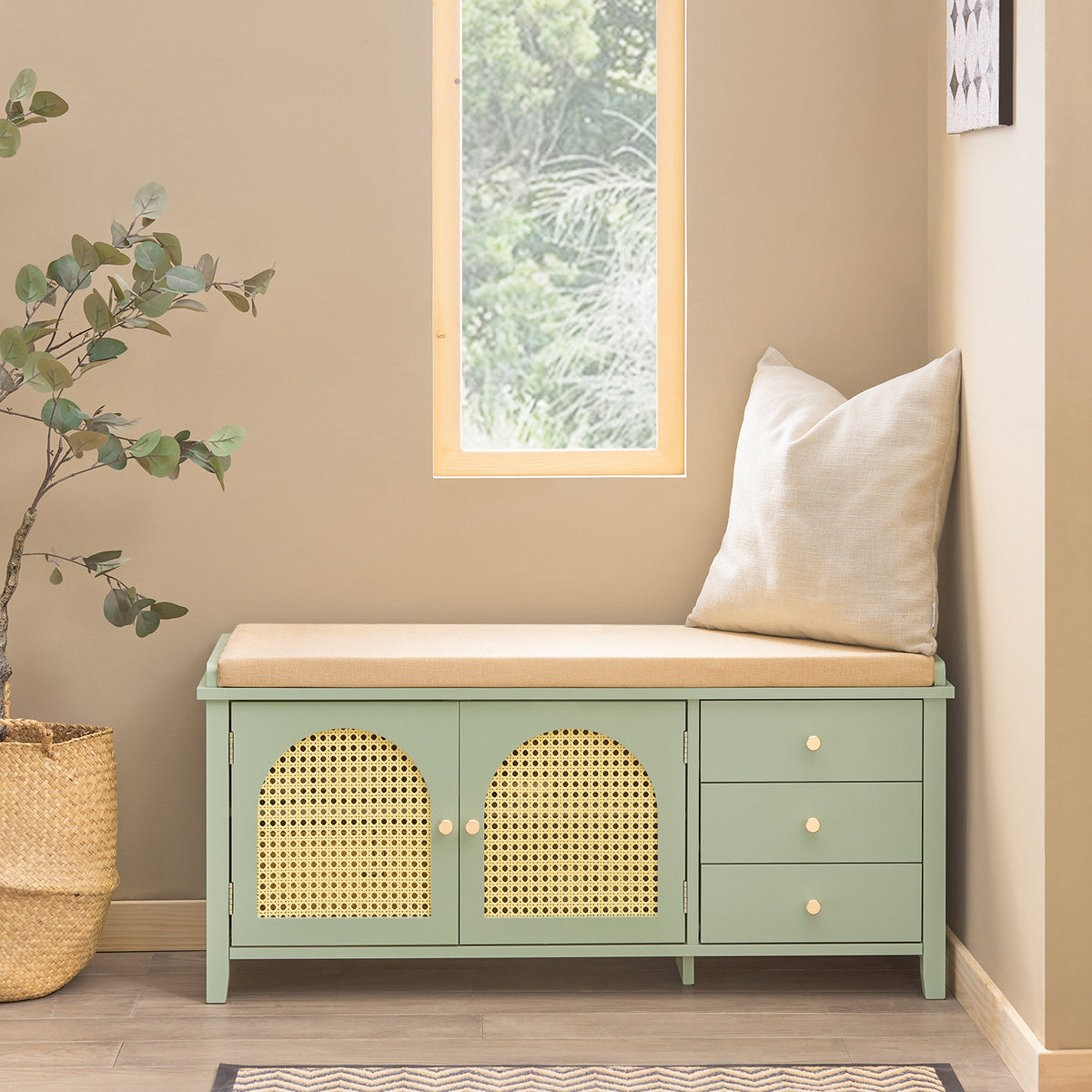 SoBuy FSR129-GR, Shoe Storage Bench with Adjustable Shelf - Shoe Rack with Seat Cushion & 3 Drawers for Hallway Storage - Green MDF - for Entryway & Living Room - Easy Assembly - W100 x D34 x H46cm