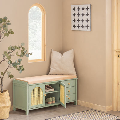 SoBuy FSR129-GR, Shoe Storage Bench with Adjustable Shelf - Shoe Rack with Seat Cushion & 3 Drawers for Hallway Storage - Green MDF - for Entryway & Living Room - Easy Assembly - W100 x D34 x H46cm