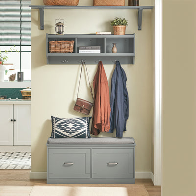SoBuy FHK28-HG, Wall Coat Rack Wall Shelf Wall Storage Cabinet Unit with 3 Compartments 4 Hooks, Grey