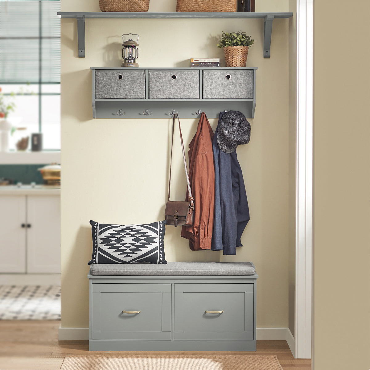 SoBuy FSR131-HG, Hallway Storage Bench Shoe Bench Shoe Rack with Seat Cushion - Removable Shelves, Ample Storage for Shoes, Hats, Clothes - Grey, MDF, 150kg Load Capacity, 98x37x49cm