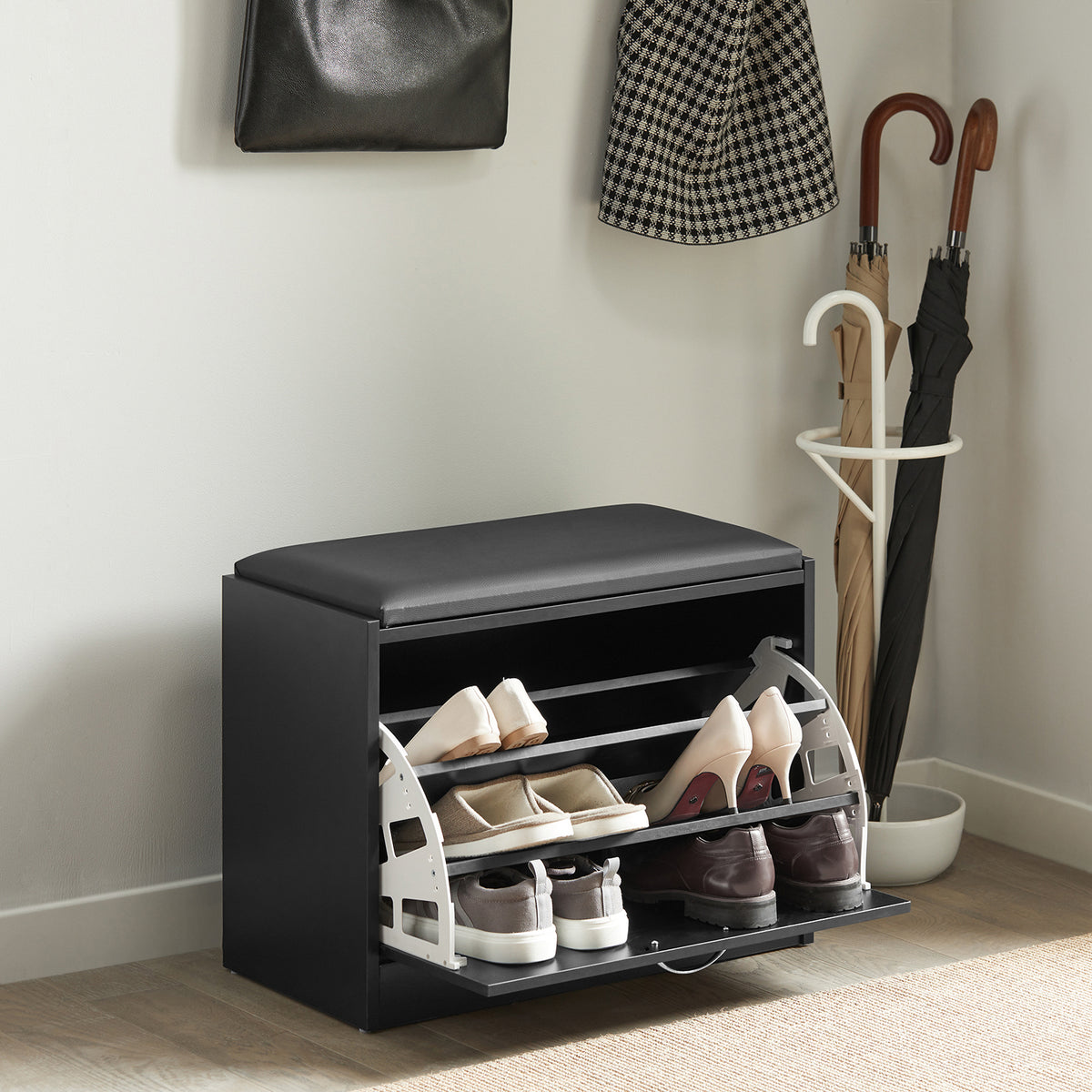SoBuy FSR16-SCH, Hallway Shoe Bench Shoe Cabinet with Flip-drawer and Removable Seat Cushion, Black, Black