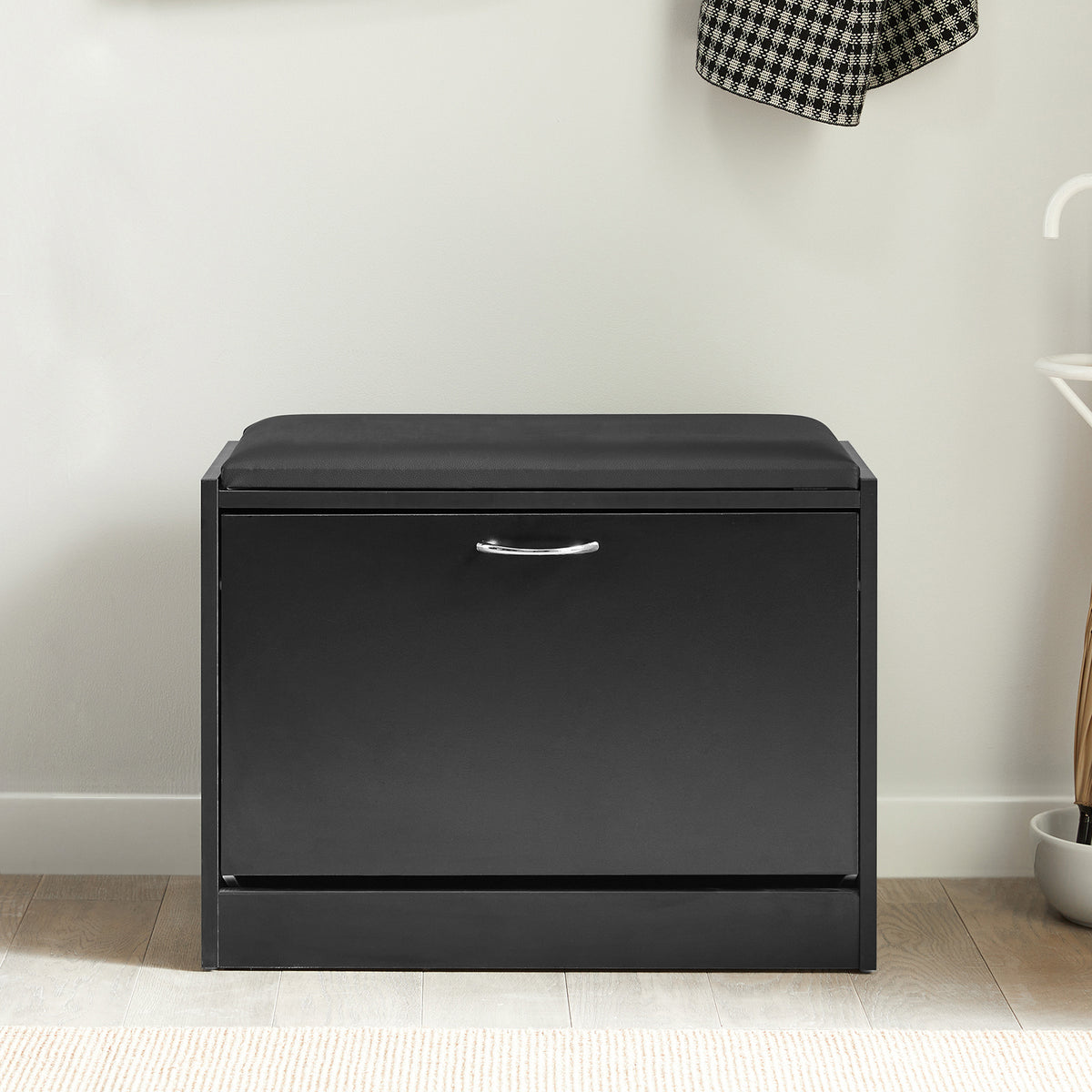 SoBuy FSR16-SCH, Hallway Shoe Bench Shoe Cabinet with Flip-drawer and Removable Seat Cushion, Black, Black
