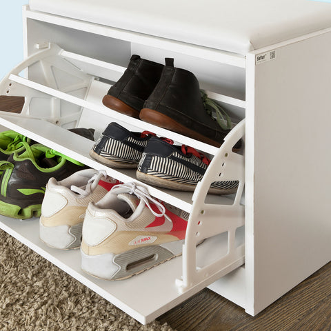 SoBuy FSR16-W, White Shoe Storage Bench with Flip-drawer, Shoe Cabinet with Seat Cushion