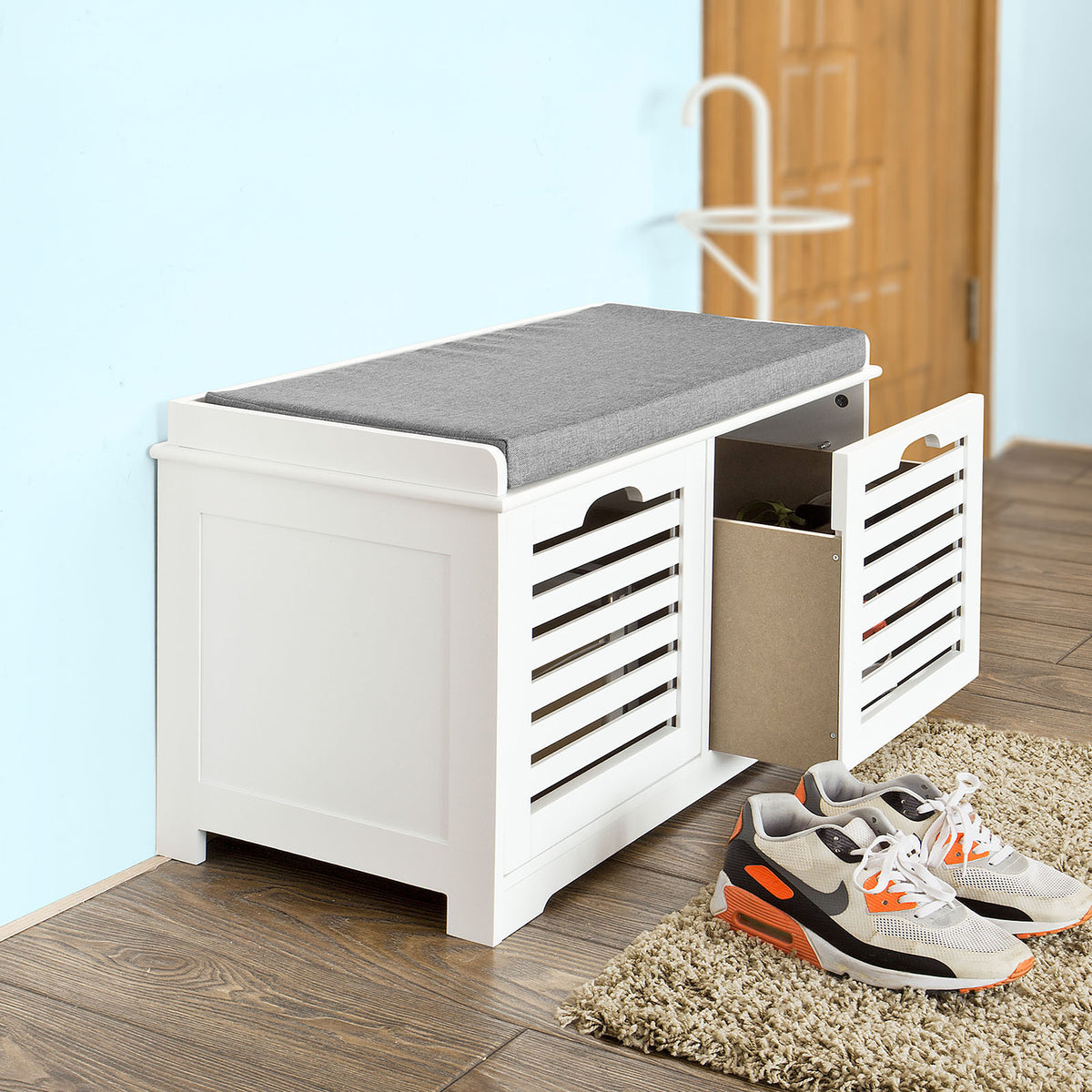 SoBuy FSR23-K-W+FRG48-W, Hallway Furniture Set, Shoe Storage Bench and Wall Coat Rack, White