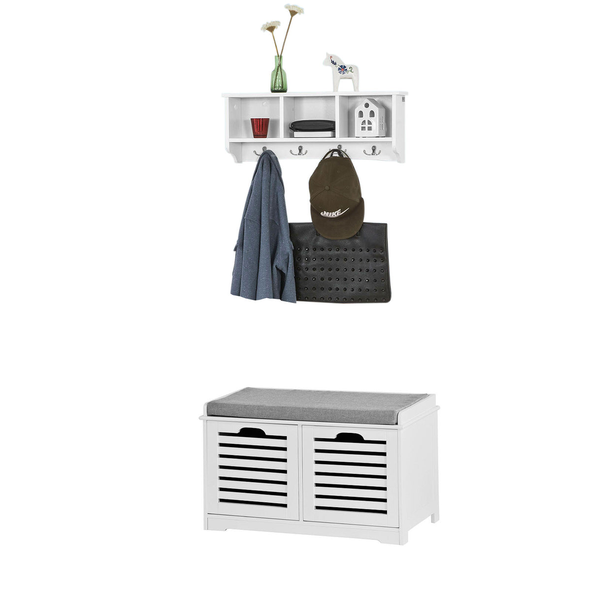 SoBuy FSR23-K-W+FRG48-W, Hallway Furniture Set, Shoe Storage Bench and Wall Coat Rack, White
