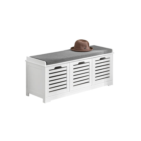 SoBuy FSR23-W, White Storage Bench with 3 Drawers & Removable Seat Cushion, Shoe Cabinet Shoe Bench