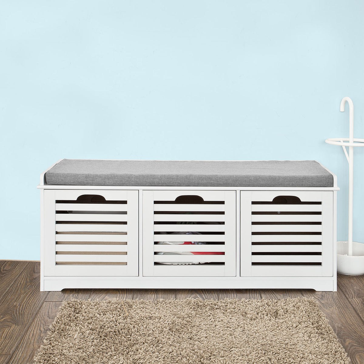 SoBuy FSR23-W, Shoe Storage Bench Shoe Cabinet with Seat Cushion – 3 Drawers for Hallway Organiser, White, Wooden Storage Unit, 120kg Load