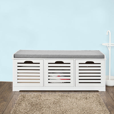 SoBuy FSR23-W, Shoe Storage Bench Shoe Cabinet with Seat Cushion – 3 Drawers for Hallway Organiser, White, Wooden Storage Unit, 120kg Load