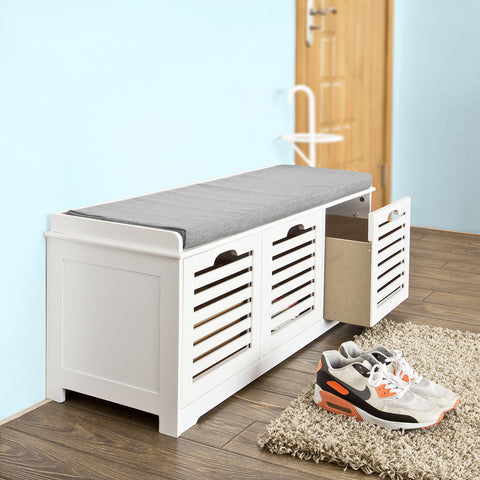 SoBuy FSR23-W, White Storage Bench with 3 Drawers & Removable Seat Cushion, Shoe Cabinet Shoe Bench
