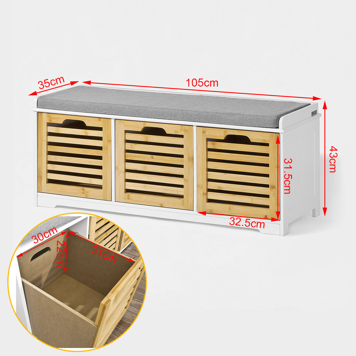 SoBuy FSR23-WN, Shoe Storage Bench Shoe Cabinet with Seat Cushion – 3 Drawers for Hallway Organiser, White and Natural, Wooden Storage Unit, 120kg Load