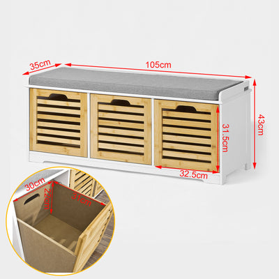 SoBuy FSR23-WN, Shoe Storage Bench Shoe Cabinet with Seat Cushion – 3 Drawers for Hallway Organiser, White and Natural, Wooden Storage Unit, 120kg Load