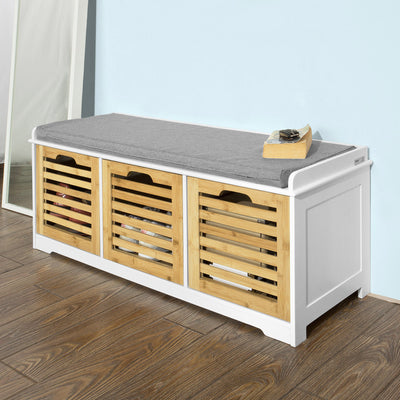 SoBuy FSR23-WN, Shoe Storage Bench Shoe Cabinet with Seat Cushion – 3 Drawers for Hallway Organiser, White and Natural, Wooden Storage Unit, 120kg Load