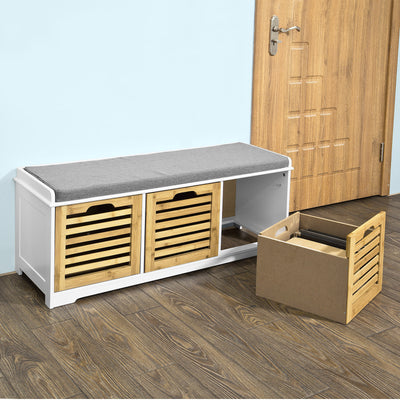 SoBuy FSR23-WN, Shoe Storage Bench Shoe Cabinet with Seat Cushion – 3 Drawers for Hallway Organiser, White and Natural, Wooden Storage Unit, 120kg Load