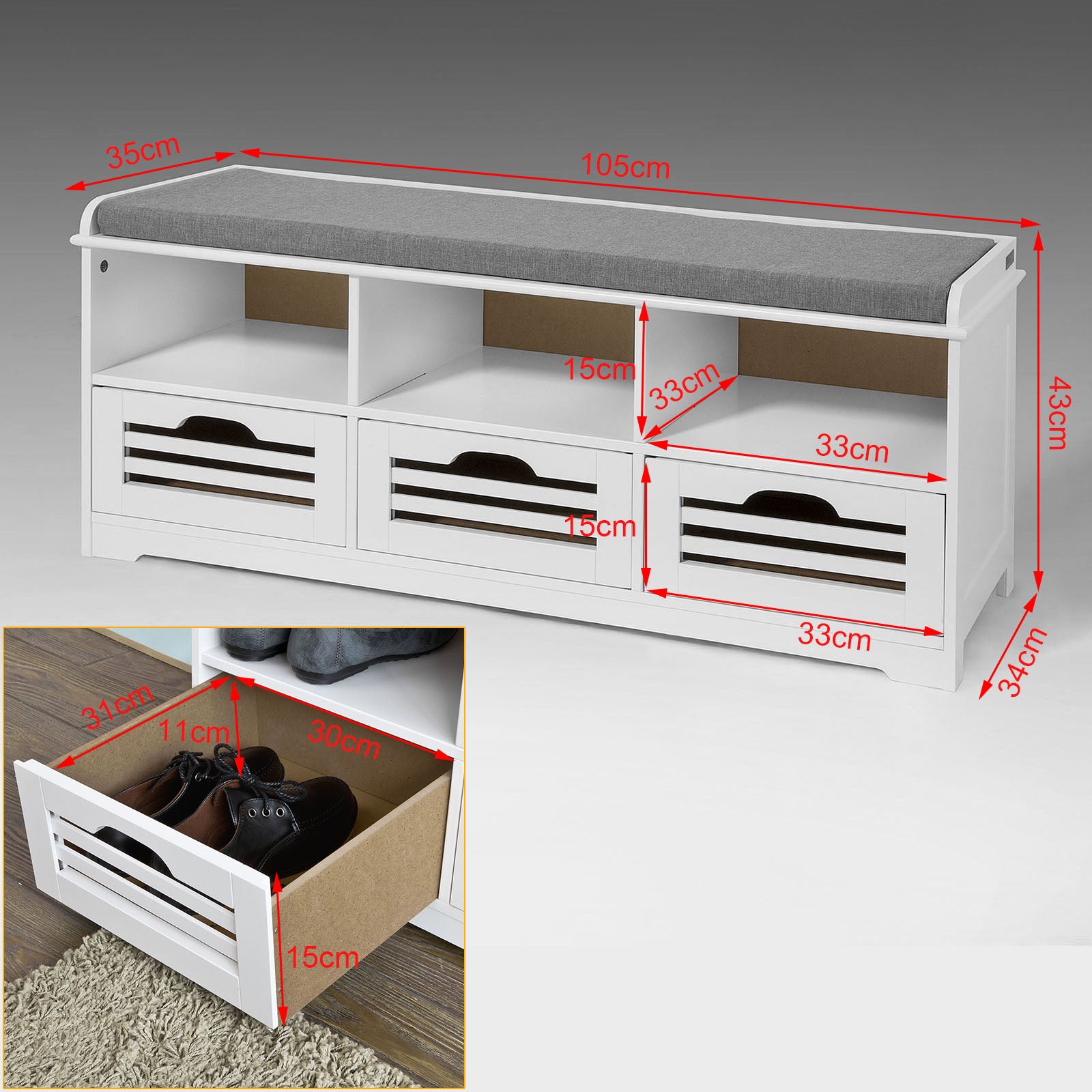 SoBuy FSR36-W, Shoe Storage Bench with 3 Drawers &amp; Seat Cushion, Hallw ...