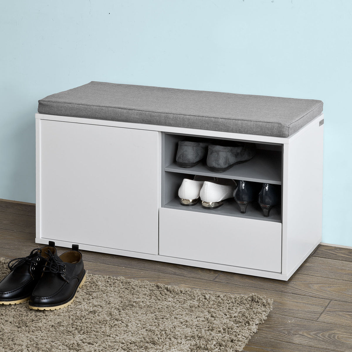 SoBuy FSR37-W, Hallway Shoe Cabinet Shoe Rack, Shoe Storage Bench with Removable Seat Cushion, White