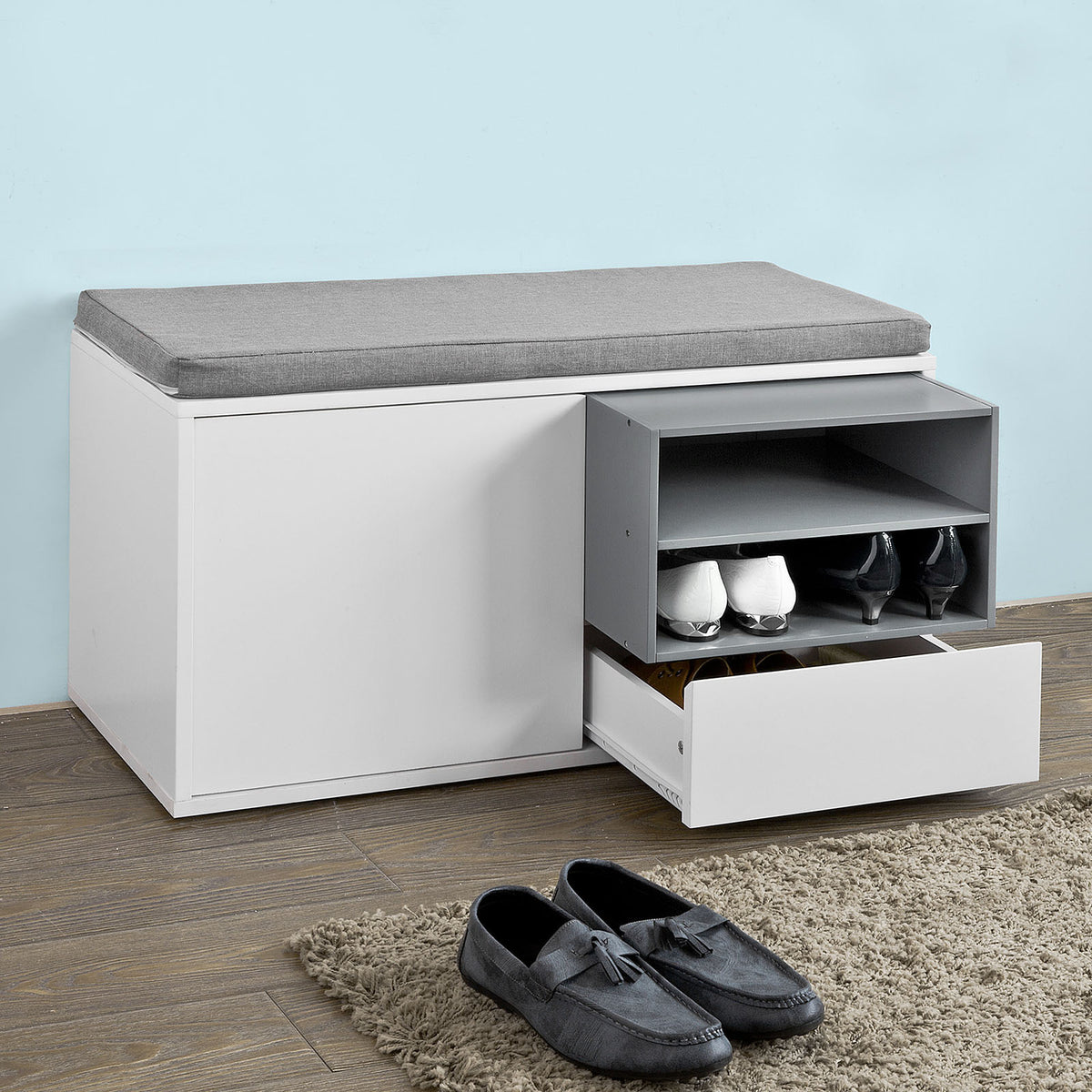 SoBuy FSR37-W, Hallway Shoe Cabinet Shoe Rack, Shoe Storage Bench with Removable Seat Cushion, White