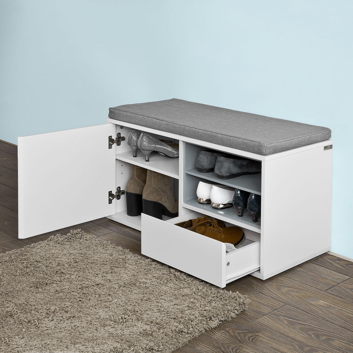 SoBuy FSR37-W, Hallway Shoe Cabinet Shoe Rack, Shoe Storage Bench with Removable Seat Cushion, White