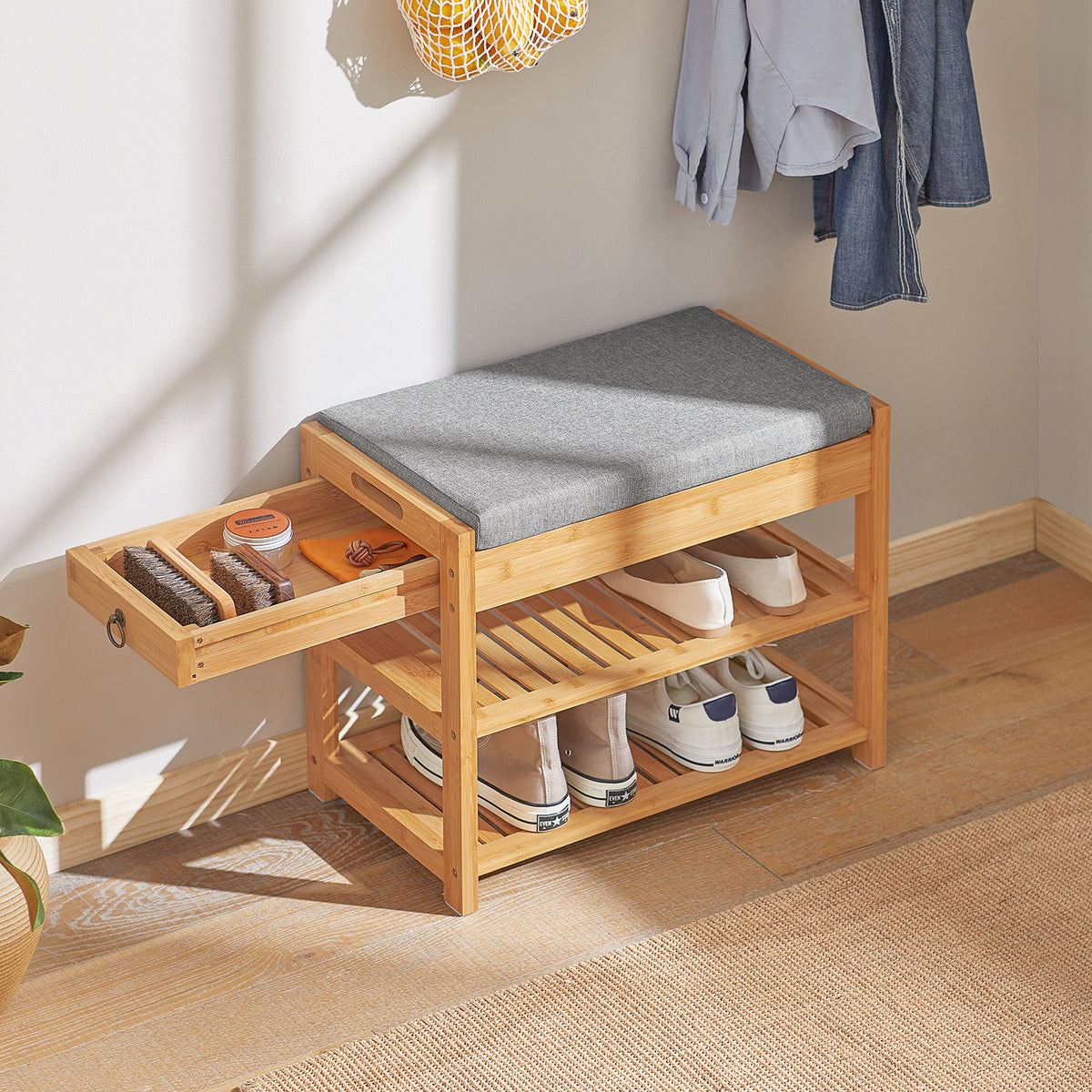 SoBuy bamboo hallway shoe storage bench with cushion in home setting