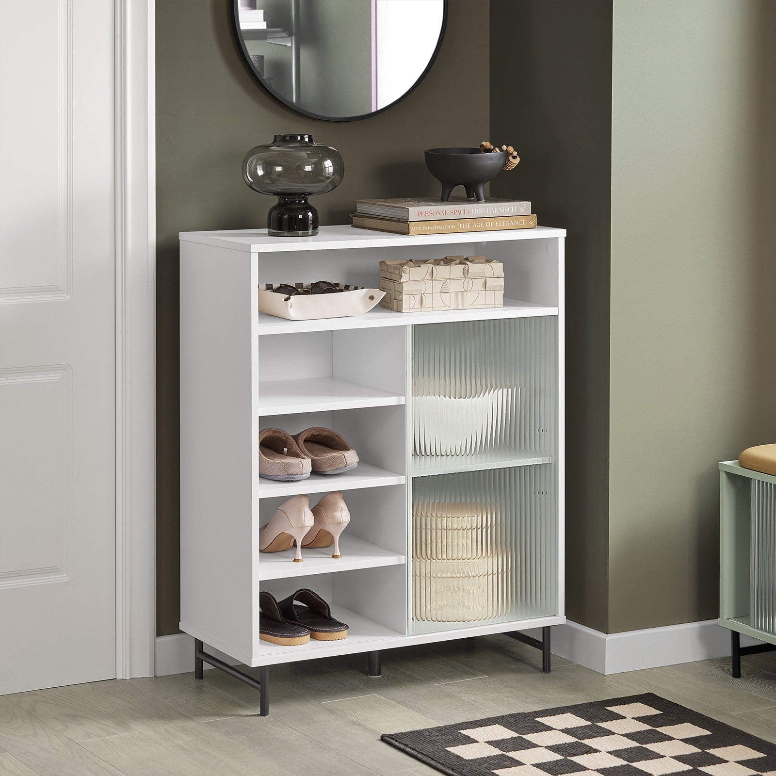SoBuy Sideboard FSB61-GR Mit Glastür – 70x90x34 Cm, Grün, Mit Höhenverstellbarem Fach