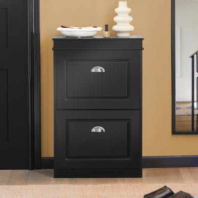 SoBuy FSR78-SCH, Shoe Rack Cabinet with 2 Flip Drawers, Slim Shoe Storage Unit for Hallway, Entryway, Corridor, Small Spaces, MDF Wooden Cupboard Black 54x24x82cm