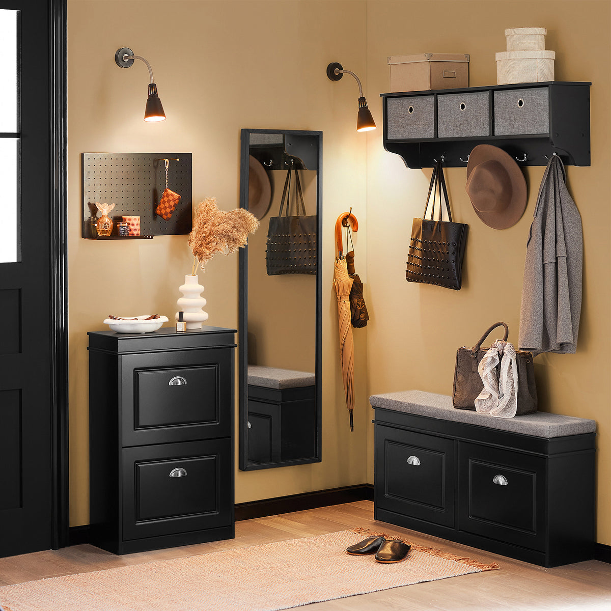 SoBuy FSR78-SCH, Shoe Rack Cabinet with 2 Flip Drawers, Slim Shoe Storage Unit for Hallway, Entryway, Corridor, Small Spaces, MDF Wooden Cupboard Black 54x24x82cm