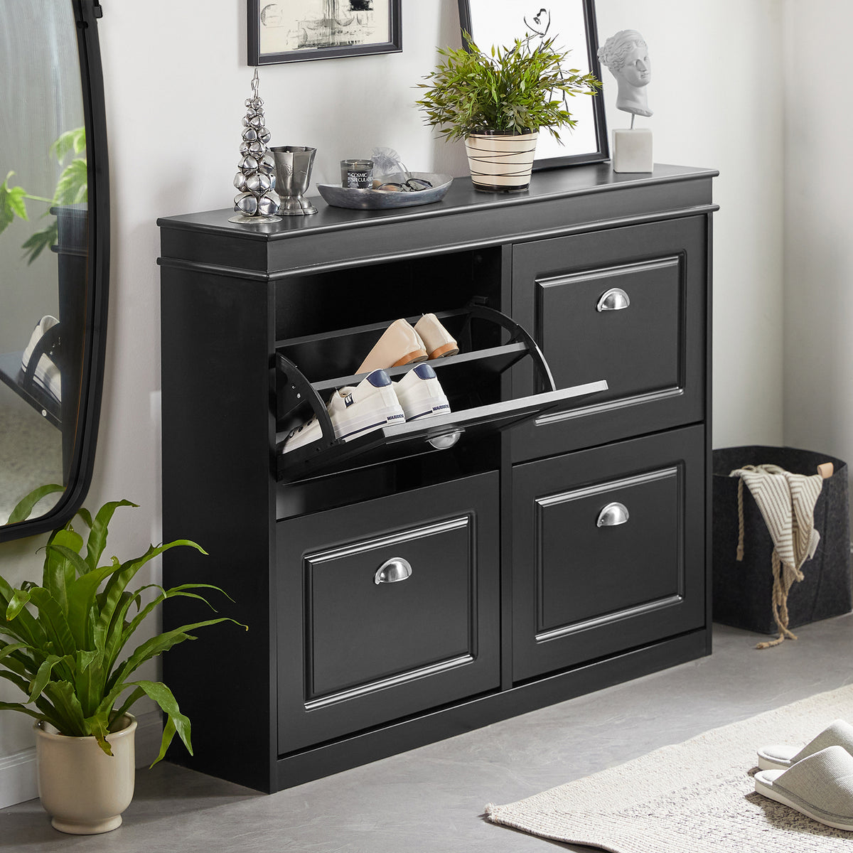 SoBuy FSR79-SCH, Shoe Rack Cabinet with 4 Flip Drawers, Slim Shoe Storage Unit for Hallway, Entryway, Corridor, Small Spaces, MDF Wooden Cupboard, Black 105x24x82cm
