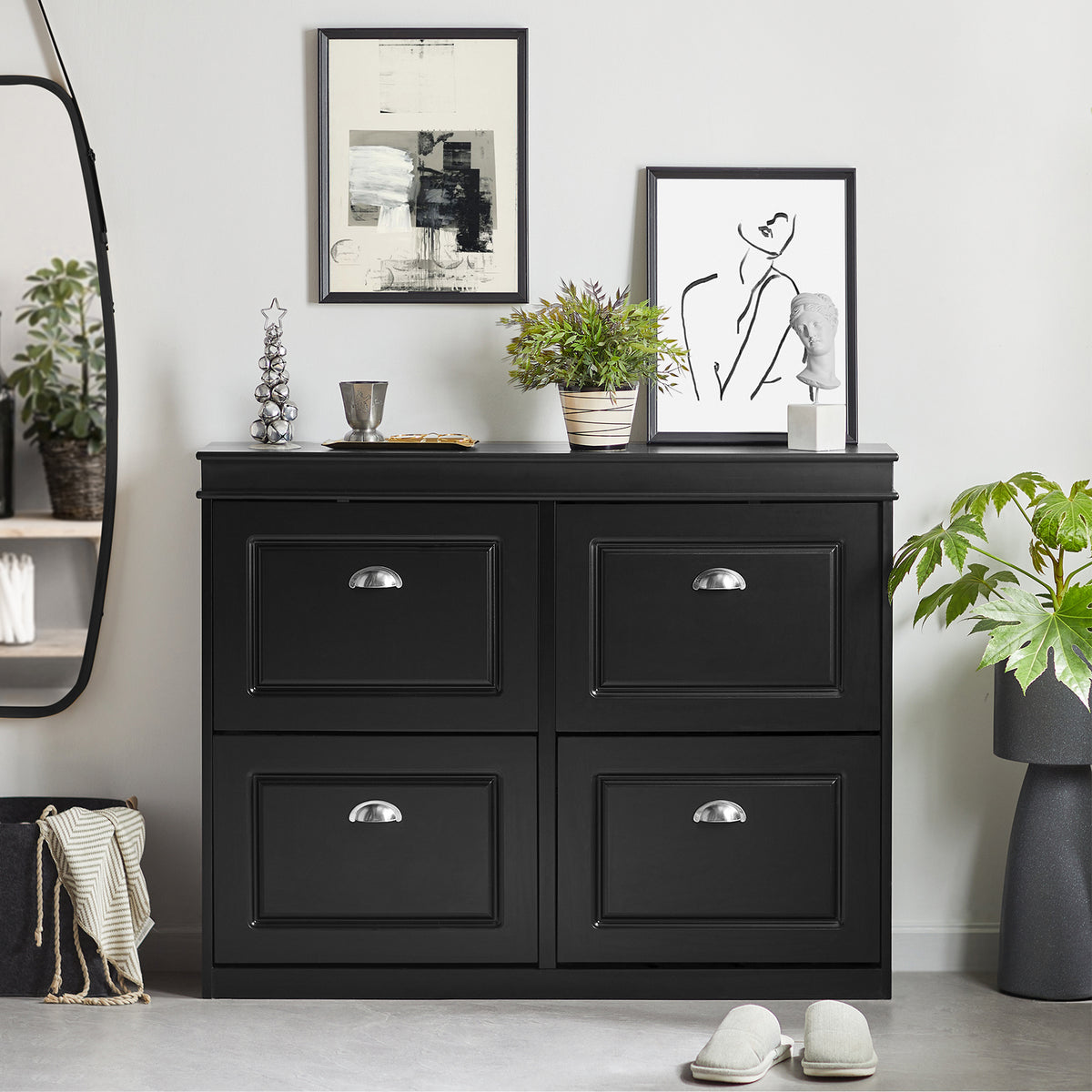 SoBuy FSR79-SCH, Shoe Rack Cabinet with 4 Flip Drawers, Slim Shoe Storage Unit for Hallway, Entryway, Corridor, Small Spaces, MDF Wooden Cupboard, Black 105x24x82cm