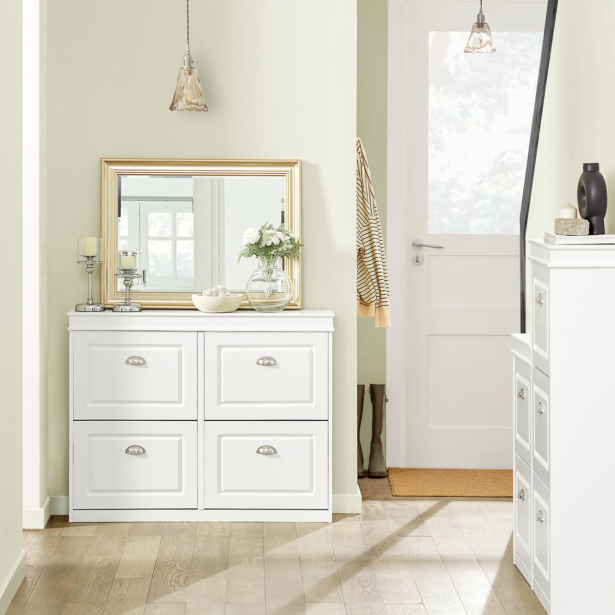 wide white hallway shoe storage unit 105cm in entryway