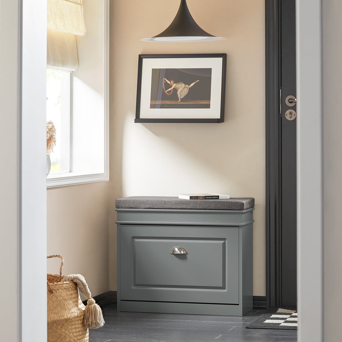 SoBuy Grey Compact Shoe Storage Bench in Hallway – Cushioned Seat Supports Up to 150kg