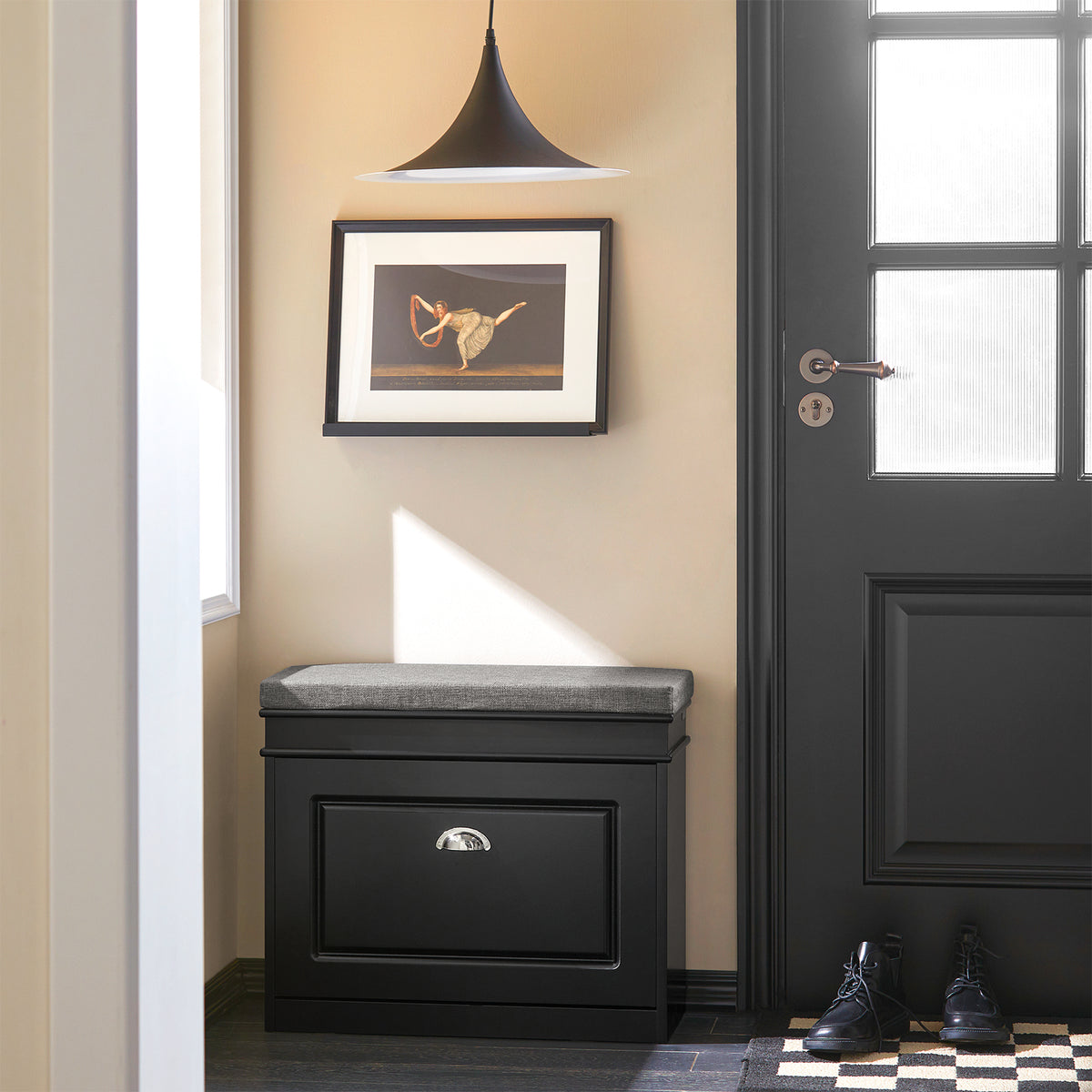 SoBuy FSR82-K-SCH black shoe bench in hallway setting – padded seat and flip drawer storage