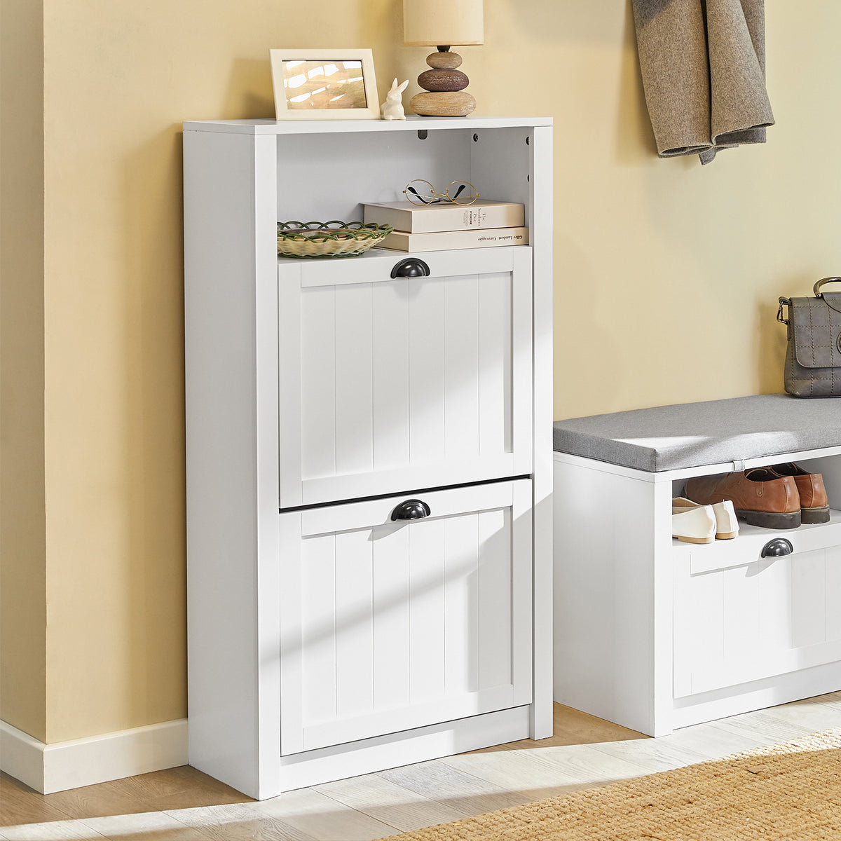 Pre-sale SoBuy FSR87-K-W, Shoe Cabinet Shoe Rack Shoe Cupboard with 1 Storage Compartment and 2 Drawers, White
