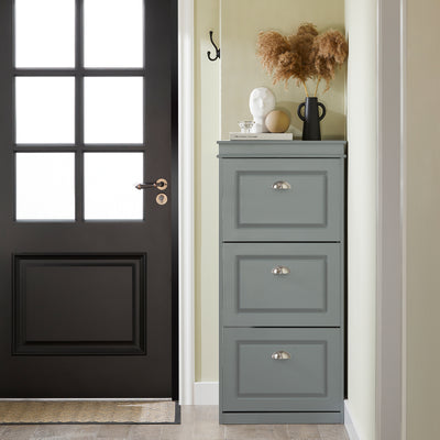 Slim grey hallway shoe cupboard 53cm wide in entryway.