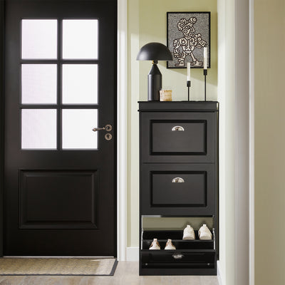 SoBuy Black Slim Shoe Cabinet in Modern Hallway – Stores Up to 12 Pairs with 3 Flip Drawers