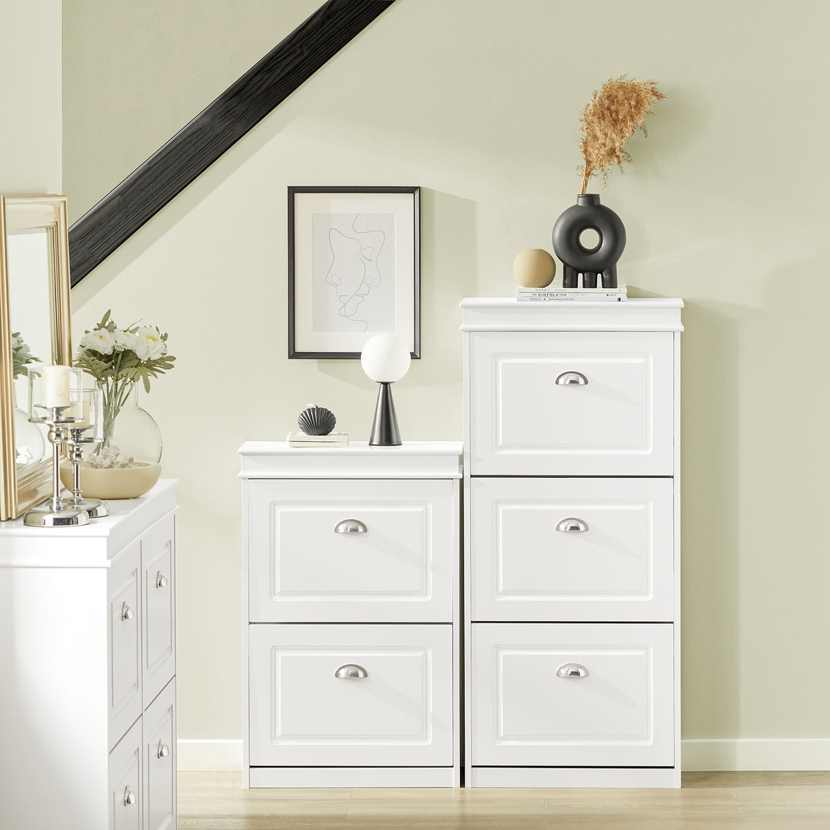 slim white hallway shoe cupboard 117cm tall in entryway