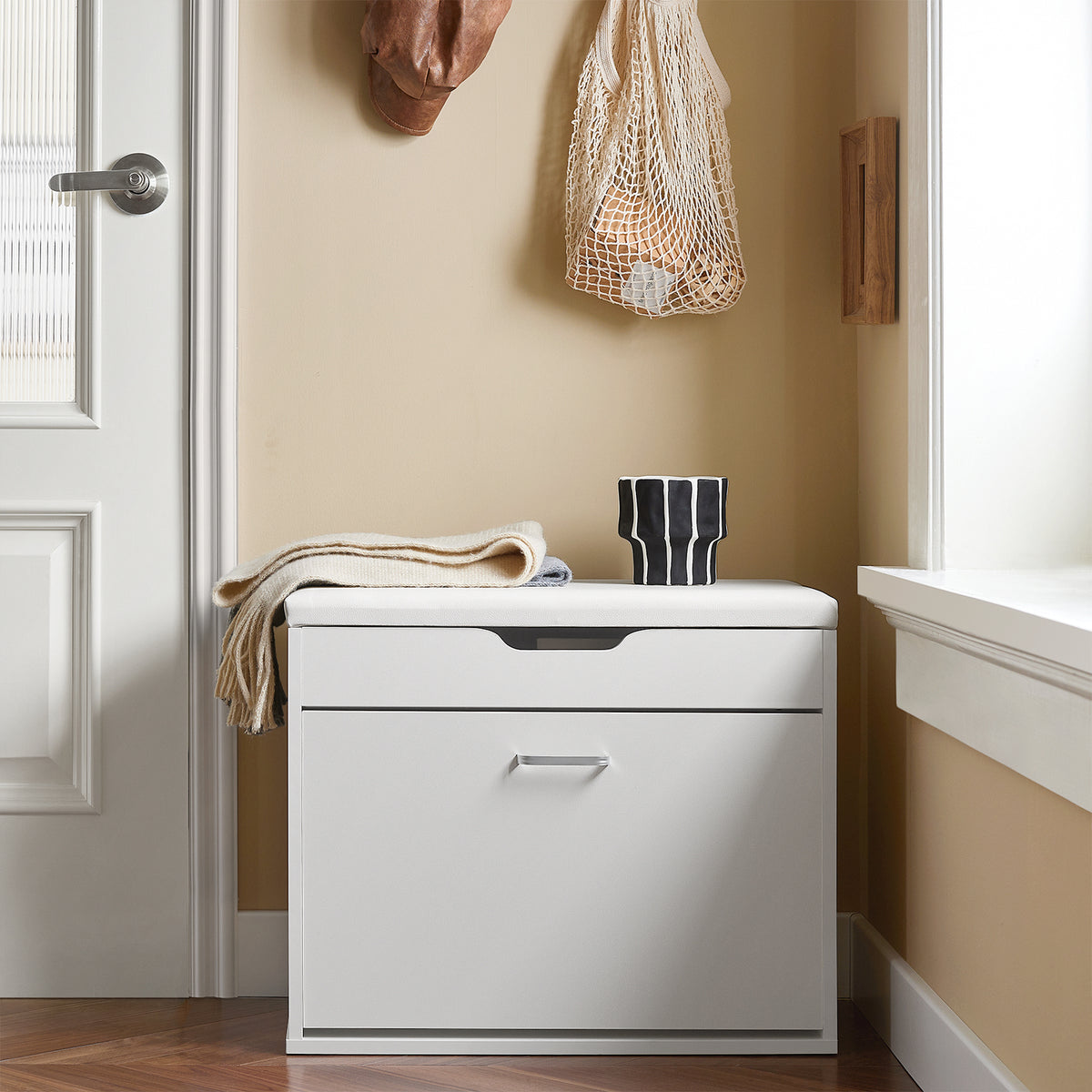 SoBuy FSR95-W, Shoe Rack Shoe Bench Shoe Cabinet with Folding Padded Seat & Flip-drawer, White