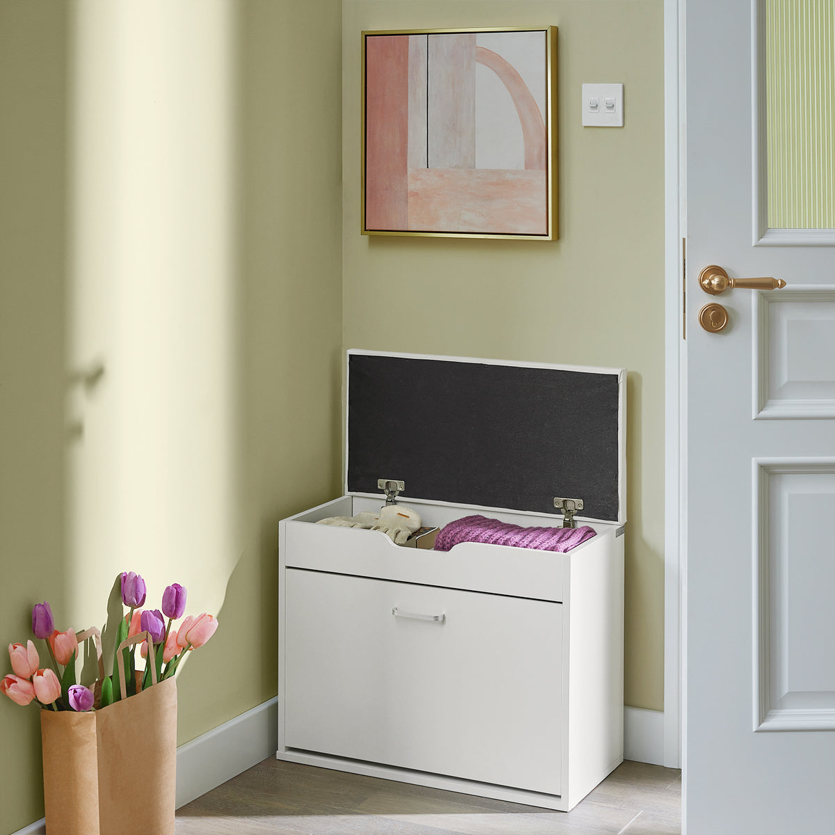 SoBuy FSR95-W, Shoe Rack Shoe Bench Shoe Cabinet with Folding Padded Seat & Flip-drawer, White