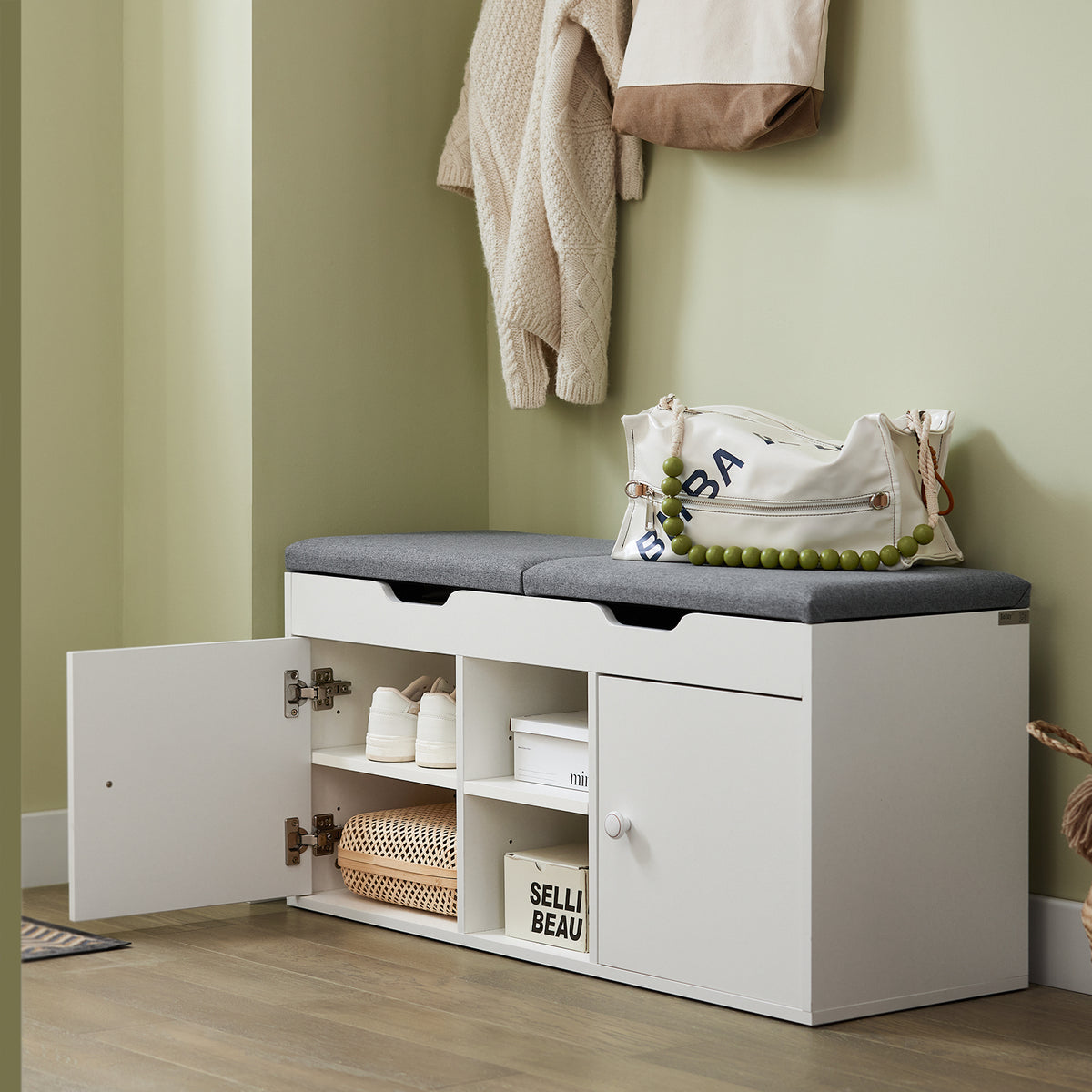 SoBuy FSR96-W, Shoe Rack with 2 Folding Padded Seats and 2 Doors, White
