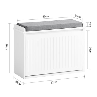 SoBuy FSR98-W, Shoe Storage Bench with Cushion - Shoe Rack & Cabinet with Flip Drawers, Modern Design, Space-Saving, 150kg Load Capacity, Ideal for Hallway & Living Room, White W62 x D26 x H46cm