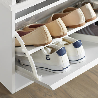 SoBuy FSR98-W, Shoe Storage Bench with Cushion - Shoe Rack & Cabinet with Flip Drawers, Modern Design, Space-Saving, 150kg Load Capacity, Ideal for Hallway & Living Room, White W62 x D26 x H46cm
