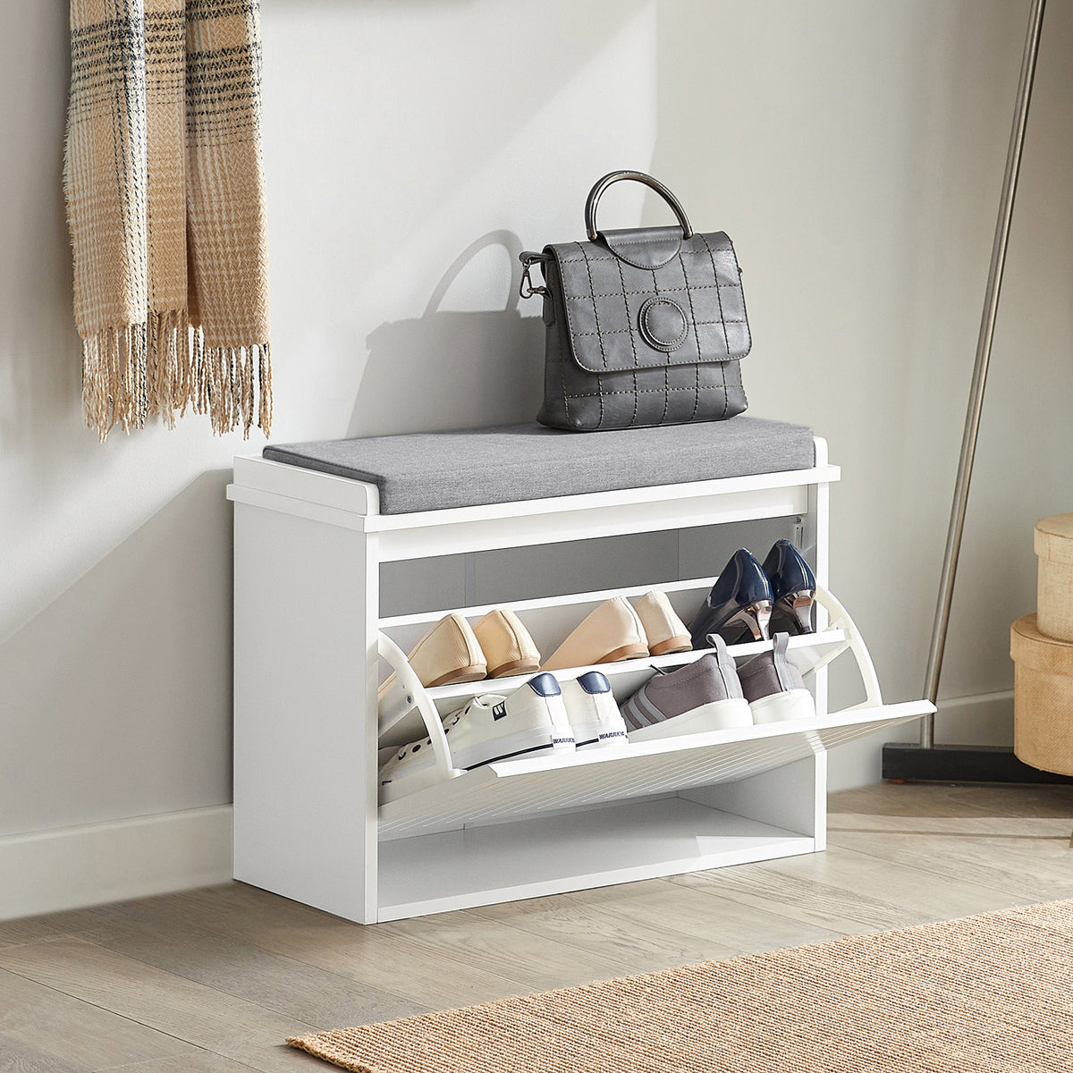 SoBuy FSR98-W, Shoe Storage Bench with Cushion - Shoe Rack & Cabinet with Flip Drawers, Modern Design, Space-Saving, 150kg Load Capacity, Ideal for Hallway & Living Room, White W62 x D26 x H46cm