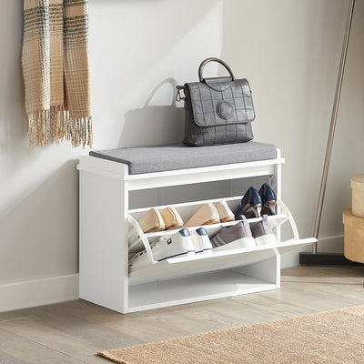 SoBuy FSR98-W, Shoe Storage Bench with Cushion - Shoe Rack & Cabinet with Flip Drawers, Modern Design, Space-Saving, 150kg Load Capacity, Ideal for Hallway & Living Room, White W62 x D26 x H46cm