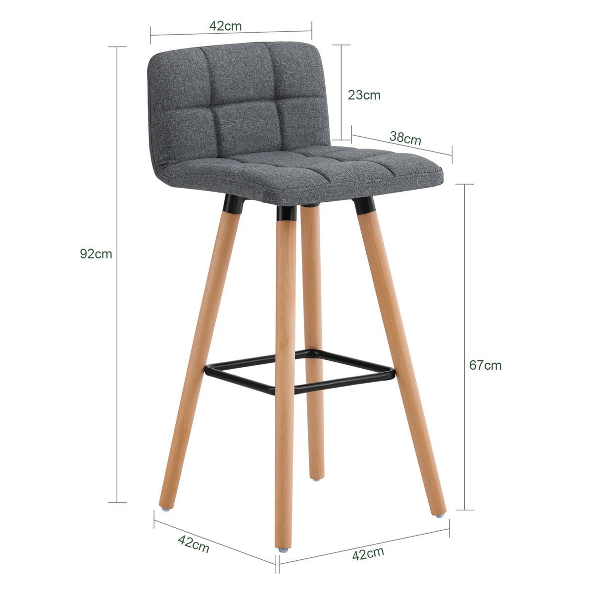 SoBuy FST50-DGx2, Set of 2 Kitchen Barstool, Bar Stool with Fabric Padded Seat, Grey